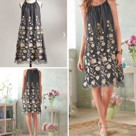 Sundance Dresses & Skirts - Sundance Womens Fairy Garden Sheer Floral Embroidered Trapeze Dress Gray Cream S